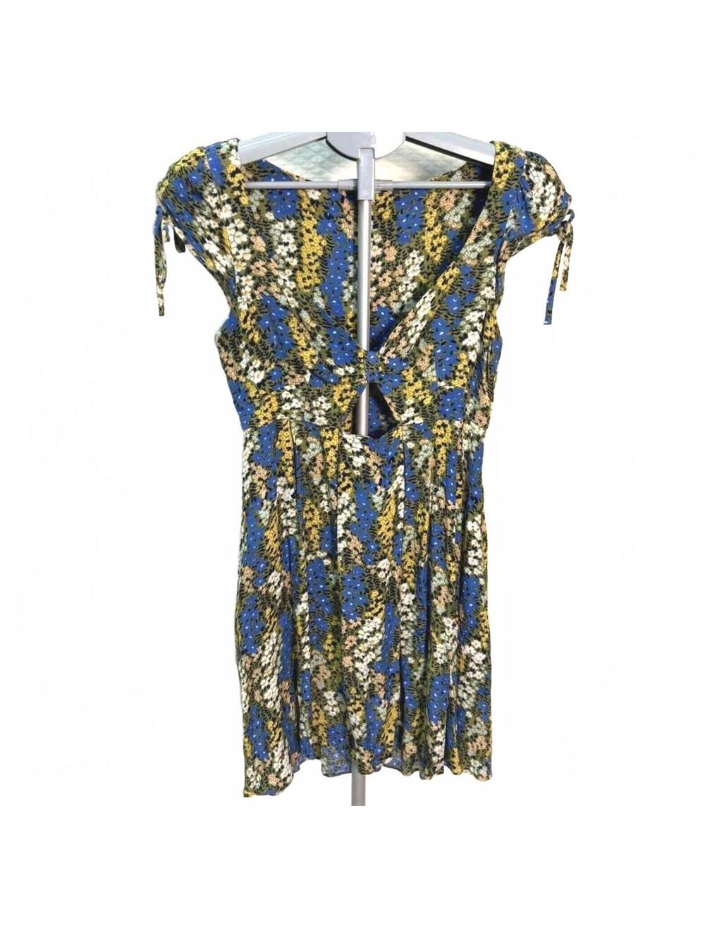 Free People Floral Print Short Cut Out Dress XS Pockets Blue  Yellow Boho NWOT